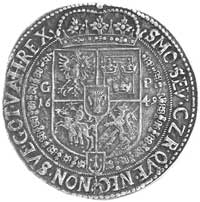 talar 1649, Kraków, na awersie półpostać króla w ozdobnej zbroi, z jabłkiem i berłem królewskim w ..