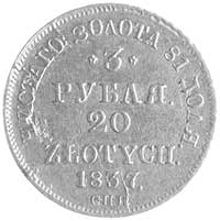 3 ruble = 20 złotych 1837, Petersburg, Plage 305, Fr. 111, złoto, 3.90 g, na rewersie wada blachy