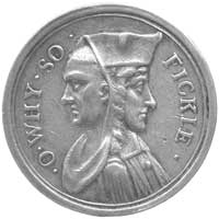 medal satyryczny na angielski Parlament- XVIII w., Aw: Połączone dwie głowy jedna w birecie, druga..