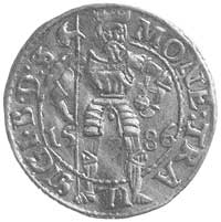 dukat 1586, Hermannstadt, Aw: Stojący św. Ładysław i napis w otoku MONE TRA IL SIGI.B.D:S, poziomo..