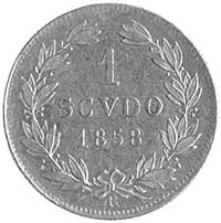 Pius IX 1846- 1878, 1 scudo 1858, Rzym, Aw: Popiersie w lewo i napis w otoku, Rw: W wieńcu poziomy..