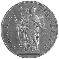 Republika Subalpina, 5 franków An 10 (1802), Aw: Stojące dwie postacie kobiece, Rw: W wieńcu nomin..