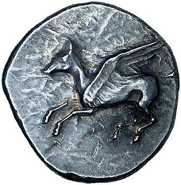 Akarnaja- Leukas, stater 390- 375 pne, Aw: Pegaz lecący w lewo, Rw: Głowa Ateny w hełmie korynckim w lewo, w polu z prawej kantharos, napis, Sear -, BMC 128,43, 8.67 g
