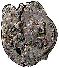 Kazimierz Jagiellończyk 1447- 1492, pieniądz litewski, Aw: Jeździec w prawo, Rw: Kolumny Gedymina, Kiersnowski typ III, 0.43 g