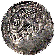 denar, Aw: Rycerz wznosi miecz nad siedzącym człowiekiem, Rw: Orzeł trzymający w szponach zająca, Str.43, Such.4, 14 mm, 0.52 g