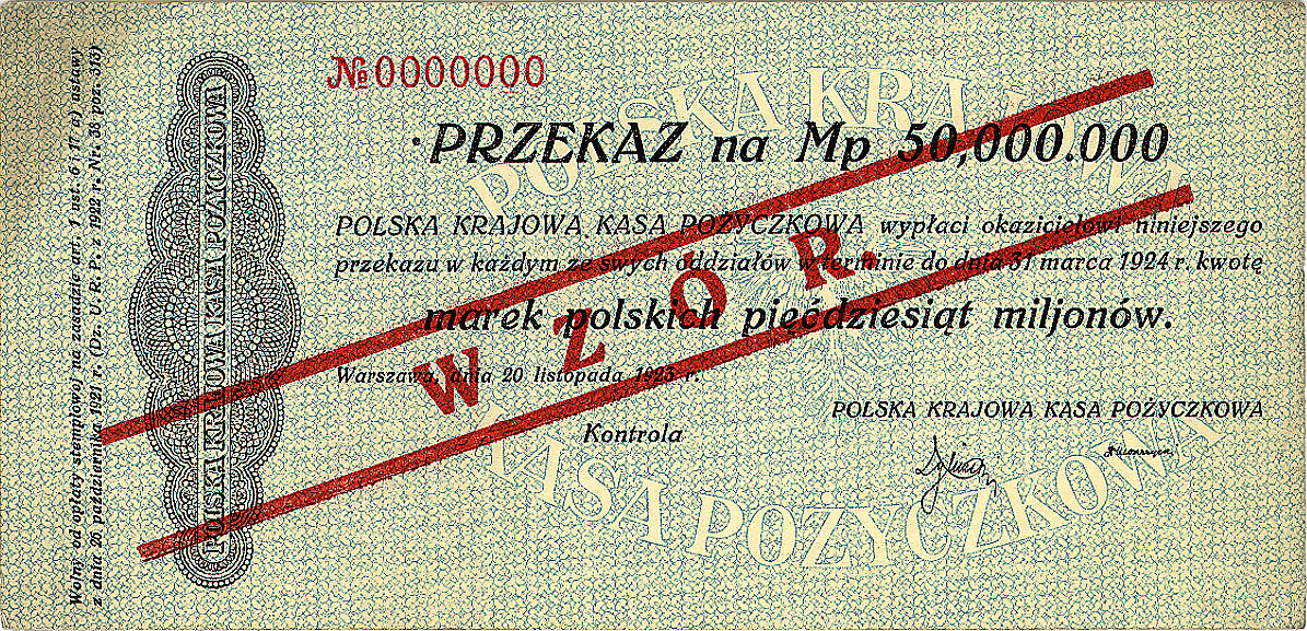przekaz na 50 mln marek polskich 20.11.1923, No 0000000, WZÓR, Pick 40, Miłczak 40, w górnym lewym rogu lekko zabrudzony