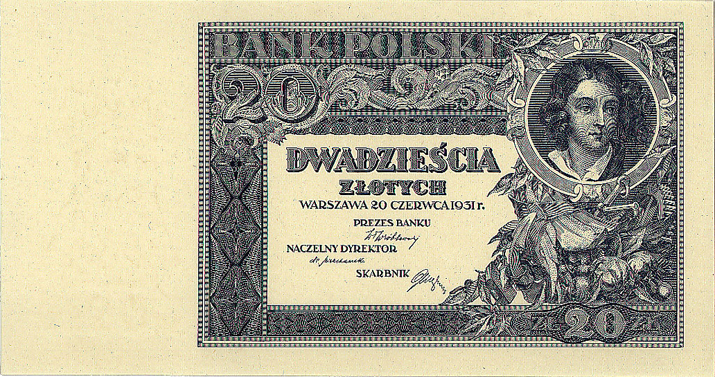 zestaw 5 sztuk banknotów z nieskończonym drukiem, 20 złotych 1931, 20 złotych 1936, 2 złote 1936, 1 złoty 1938 (dwa różne druki)