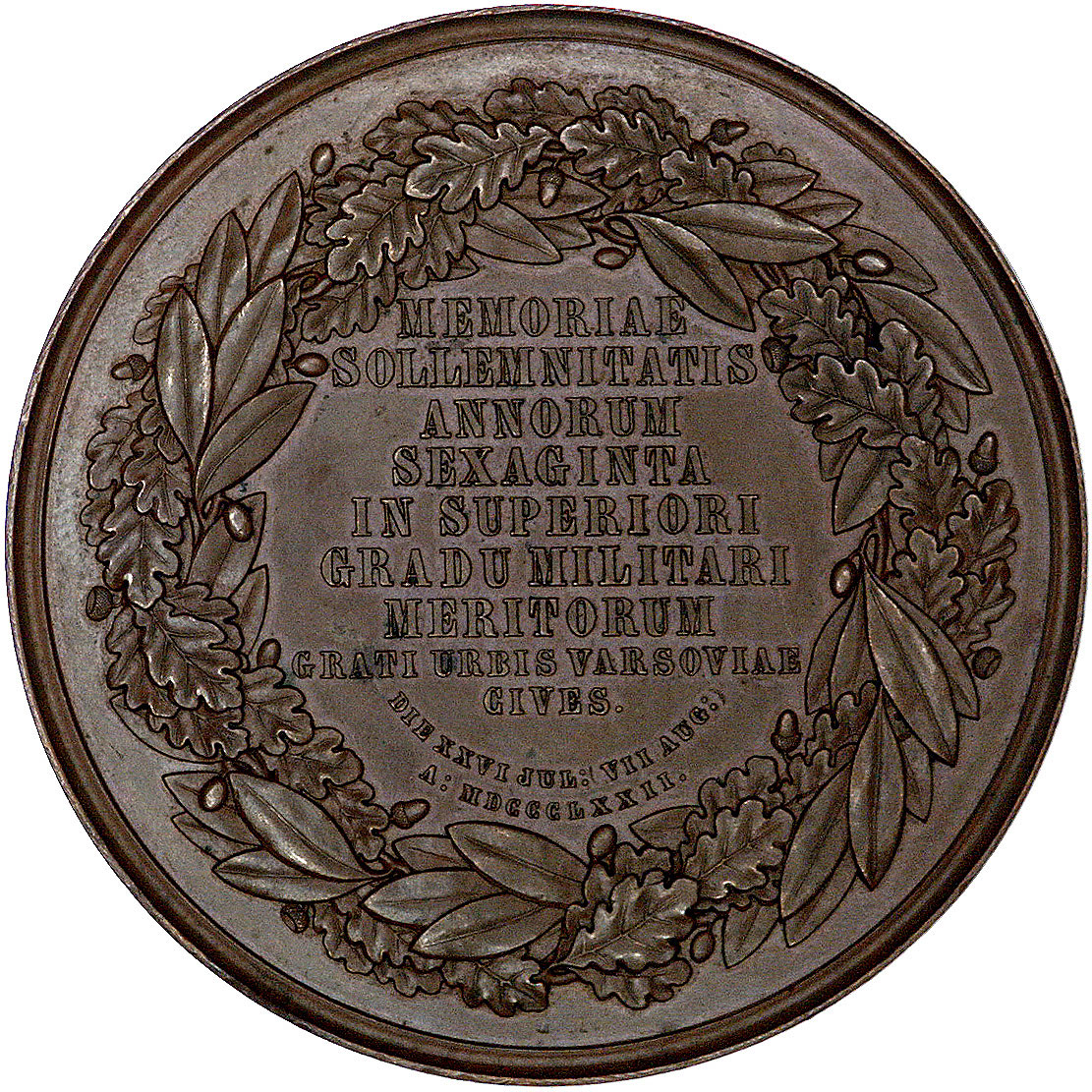 medal autorstwa J. Minheymera wybity z okazji 60 lat służby marszałka Berga w 1872 r., Aw: Popiersie w lewo i napis w otoku, niżej sygn. J. MINHEYMER F, Rw: Napis poziomy w wieńcu MEMORIAE SOLLEMNI- TATIS ANNORUM SEXAGINTA.., brąz, H-Cz. 5378, brąz, 69 mm, punca kolekcji H-Czapskiego