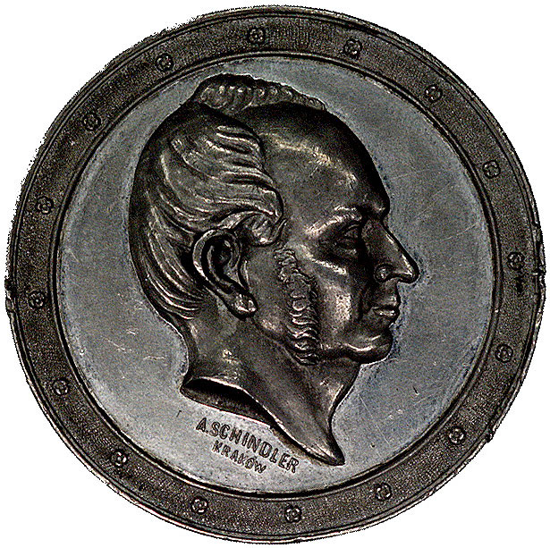 medal autorstwa A. Schindlera poświęcony Józefowi  Majerowi-prezesowi Akademii Umiejętności w Krako- wie i rektorowi UJ, 1881 r., Aw: Głowa w prawo