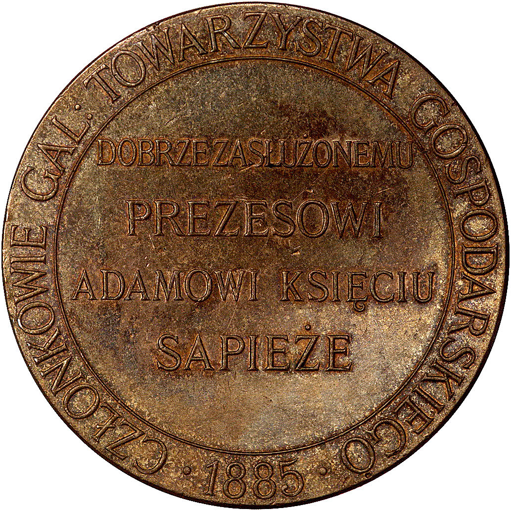 Adam Sapieha- medal wybity w Paryżu w 1885 dla uczczenia zasług księcia, Aw: Popiersie w lewo, Rw: Napis poziomy DOBRZE ZASŁUŻONEMU ADAMOWI KSIĘCIU SAPIEŻE, w otoku napis CZŁONKOWIE GAL: TOWARZYSTWA GOSPODARCZEGO 1885, na rancie napis BROŻE, H-Cz.8127, brąz, 64 mm, 147.62 g