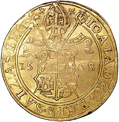 Jan Jakub Khuen von Belasi 1560-1586, dwudukat 1568, Salzburg, Probszt. 474, Fr. 529, złoto, 6.57 g