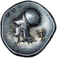 Akarnaja- Leukas, stater 390- 375 pne, Aw: Pegaz lecący w lewo, Rw: Głowa Ateny w hełmie korynckim..