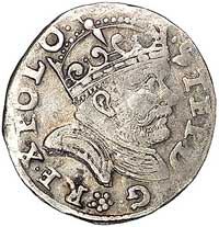 trojak 1586, Poznań, odmiana z kwiatkiem pod popiersiem króla, Kurp. 202 R2, Gum. 718, rzadki