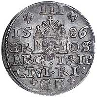 trojak 1586, Ryga, odmiana z dużą głową króla, Kurp. 457 R1, Gum. 814, ładny egzemplarz ze starą p..