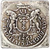 szóstak 1761, Gdańsk, klipa wybita w czystym srebrze, H-Cz. 2957 R2, Merseb. 1800, rzadka i efekto..