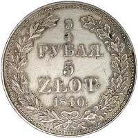 3/4 rubla = 5 złotych 1840, Warszawa, odmiana z dużymi cyframi daty i z wygiętą wstążką wiążącą ga..