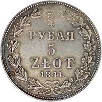 3/4 rubla = 5 złotych 1841, Warszawa, odmiana z podwójnymi piórami w ogonie orła, z małymi cyframi..