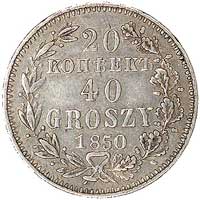 20 kopiejek = 40 groszy 1850, odmiana z dużą datą, gałązki lauru i dębu związane pojedyńczo, Plage..