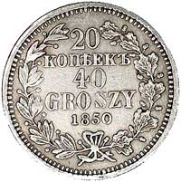20 kopiejek = 40 groszy 1850, Warszawa, odmiana- gałązki lauru i dębu związane podwójnie i po obu ..