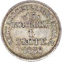 15 kopiejek = 1 złoty 1836, Warszawa, odmiana z kreską ułamkową, ogon orła ma 9 piór, Plage 405, ł..