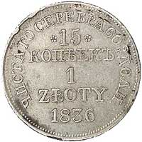 15 kopiejek = 1 złoty 1836, Warszawa, odmiana bez kreski ułamkowej, 7 piór w ogonie, Plage 406