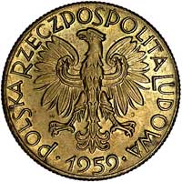 5 złotych 1959, na rewersie wypukły napis PRÓBA, Parchimowicz P-230 b, mosiądz, 10.08 g, wybito 10..