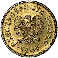 1 złoty 1949, na rewersie wypukły napis PRÓBA, Parchimowicz P-215 b, mosiądz, 6.64 g, wybito 100 s..