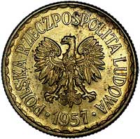 1 złoty 1957, na rewersie wypukły napis PRÓBA, Parchimowicz P-216 b, mosiądz, 6.68 g, wybito 100 s..