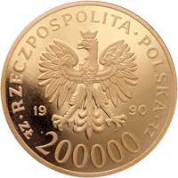 200.000 złotych 1990, Warszawa, Solidarność 1980-1990, Parchimowicz 632, złoto, 39.0 mm, 31.10 g