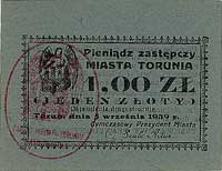 Toruń, 1 złoty 5.09.1939, emitowane przez Miasto, Jabł. 4266, bardzo rzadkie