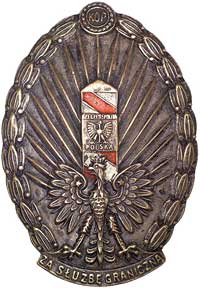 odznaka żołnierska Korpusu Ochrony Pogranicza wykonana z blachy mosiężnej z białą i czerwoną emali..