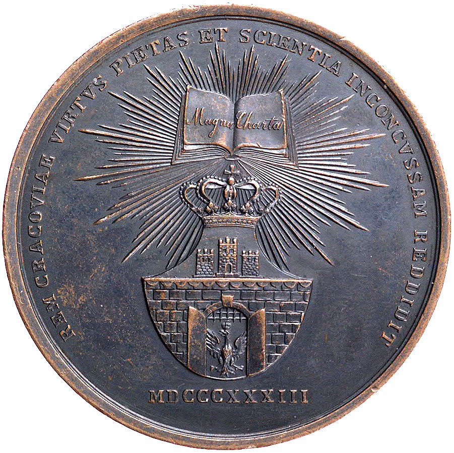 medal trzech komisarzy miasta Krakowa 1833 r., Aw: Popiersia trzech komisarzy w prawo