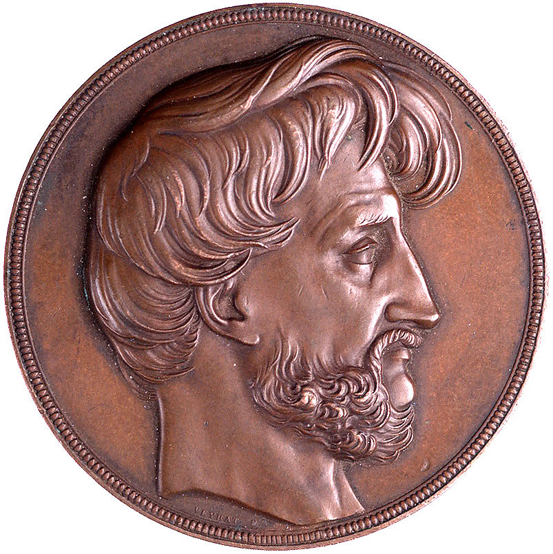 Joachim Lelewel- medal autorstwa Veyrata 1847 r., Aw: Popiersie w prawo i sygn. VEYRAT F., Rw: Napis poziomy w kilku wierszach LES NUMISMATES A LEUR ILLUSTRE MAITRE J. LELEWEL, NE A VAR- SOVIE, H-Cz. 3931, brąz, 50 mm, patyna