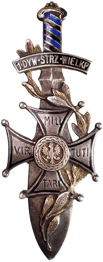 odznaka pamiątkowa 14 dywizji piechoty zatwierdzona 6.12.1920 roku. Miecz z nałożonym na głownię Orderem Virtuti Militari ozdobionym gałązką wawrzynu, na jelcu pierwotna nazwa 1.DYW.STRZ.WIELKP., srebro złocone, na odwrocie punce, 54 x 21 mm, emalia niebieska i czarna, na nakrętce napis J.KNEDLER / WARSZAWA, H. Wielecki i R. Sieradzki Wojsko Polskie 1921-1939 Odznaki pamiątkowe piechoty, rzadka