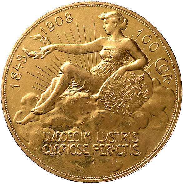 Franciszek Józef I 1848-1916, 100 koron 1908, Wiedeń, Fr. 429, złoto, 33,83 g, moneta wybita z okazji 60 rocznicy panowania cesarza