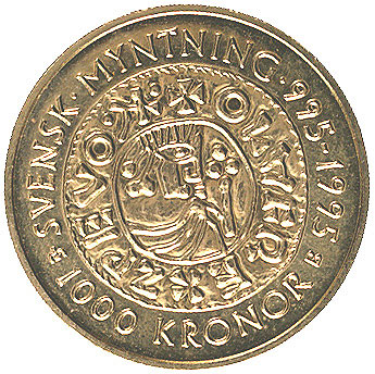 Karol XVI Gustaw 1973- ,1000 koron bez daty (1995), Sztokholm, K.M. 88, złoto, 5,79 g, moneta wybita dla uczczenie 1.000 lecia mennictwa szwedzkiego