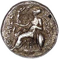 Tracja- Lizymach 323- 281 pne, drachma, Aw: Głowa młodego Aleksandra z rogami Ammona w prawo, Rw: ..