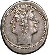 quadrigatus 225-212 pne, Aw: Głowa młodych Penatów o dwóch twarzach, Rw: Jupiter z berłem i piorun..