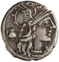 Sextus Pompeius Fostulus 137 pne, denar, Aw: Głowa Romy w prawo, z prawej X, z lewej dzban, Rw: Wi..