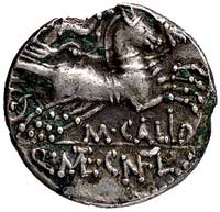 Marcus Calidius, Q. Metellus, Cn. Fulvius 117-116, denar, Aw: Głowa Romy w prawo, z lewej napis RO..