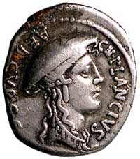 Cn. Plancius 55 pne, denar, Aw: Głowa Romy Plantiany w prawo i napis wokół CN PLANCIVS AED CVR SC ..