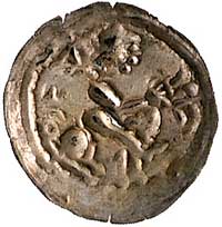 brakteat łaciński; Jeździec na koniu w prawo, z lewej napis, Str.103, wykopalisko głębockie, 17 mm..