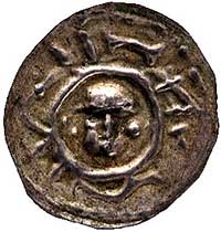 Śląsk, Henryk I lub II 1201-1241, brakteat typu ratajskiego; Głowa, w otoku imitacja napisu, Fbg. ..