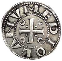 Mediolan -pierwsza republika 1250-1310, grosz (ambrosino), Aw: Krzyż krokwiowy, w polu półksiężyce..