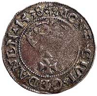 szeląg 1538, Gdańsk, odmiana- korona z pięcioma płatkami, Kurp. 421 R, Gum. 551, ciemna patyna