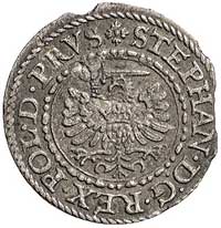 szeląg 1579, Gdańsk, Kurp. 373 R, Gum. 788, moneta wybita z końcówki blachy
