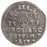 trojak 1589, Wilno, odmiana z herbem Leliwa przedzielającym napis u dołu, Kurp. 2119 R5, Gum. 1329..