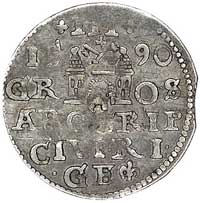 trojak 1590, Ryga, bardzo rzadka odmiana z dużą głową króla, Kurp. 2500 R3, Gum. 1450, na twarzy k..