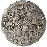 trojak 1593, Wilno, rzadka odmiana z datą nad napisem i z kropkami i rozetkami po bokach herbu Cha..