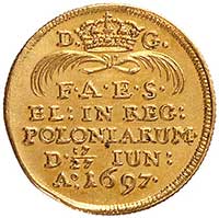 dukat koronacyjny 1697, Drezno, Aw: Król na koniu, Rw: Napisy, H-Cz. 2587 R, Merseb. 1389, Fr. 282..
